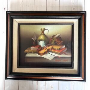 Vintage Frank Lean Signed Oil on Board Still Life Violin Books Jug Framed Moody